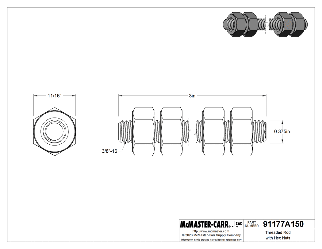 Technical Drawing of Threaded Rod with Hex Nuts, Grade B7, 3/8"-16 Thread Size, 3" Long.